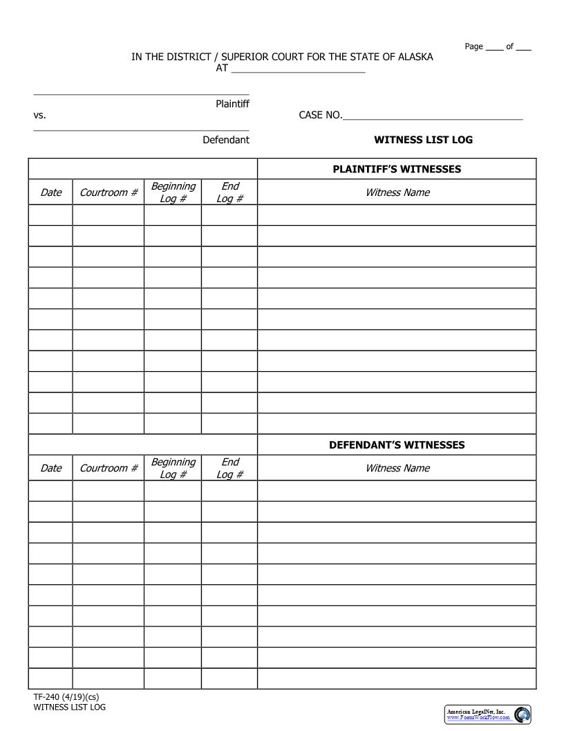 Witness List Log {TF-240} | Pdf Fpdf Docx | Alaska