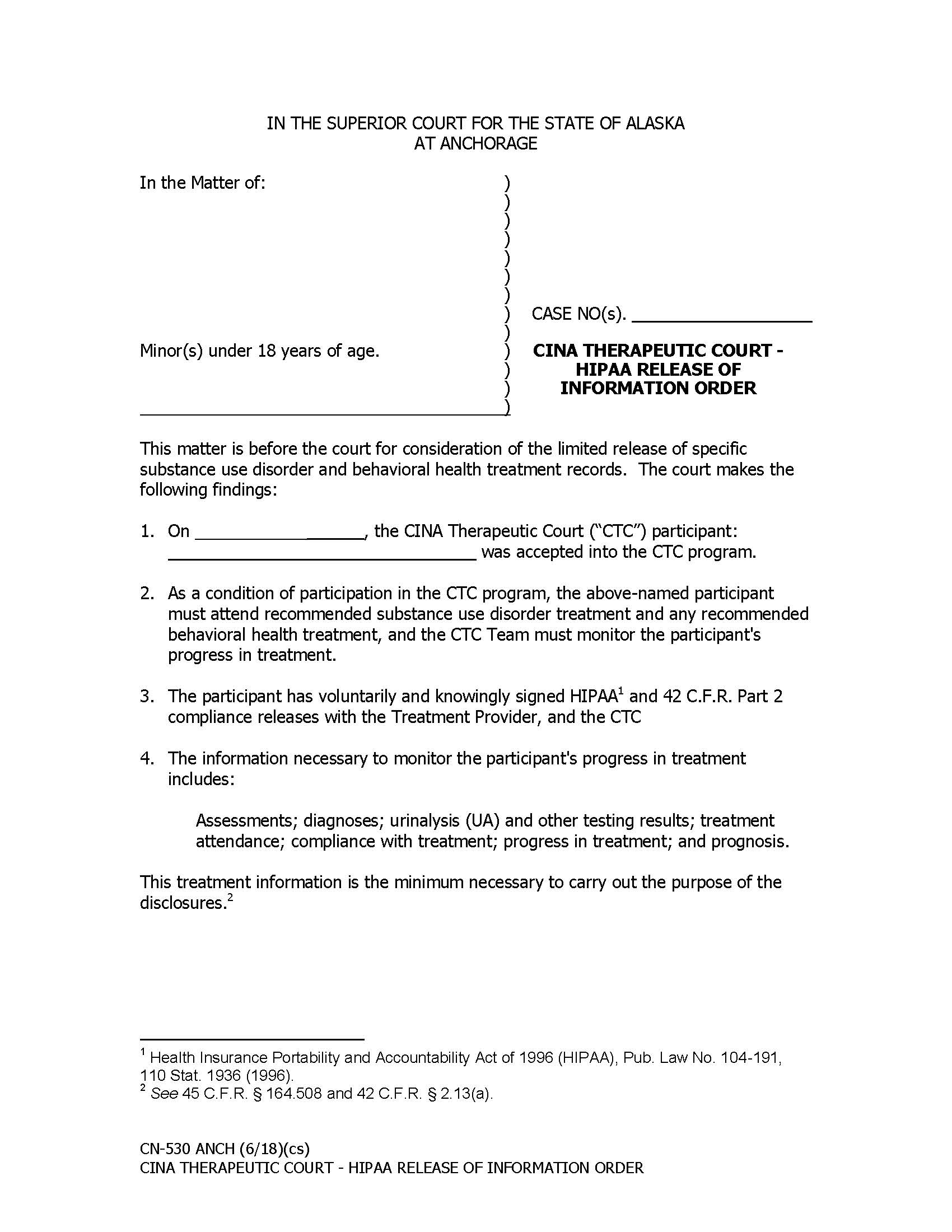 HIPAA Release Of Information Order {CN-530 ANCH} | Pdf Fpdf Docx | Alaska