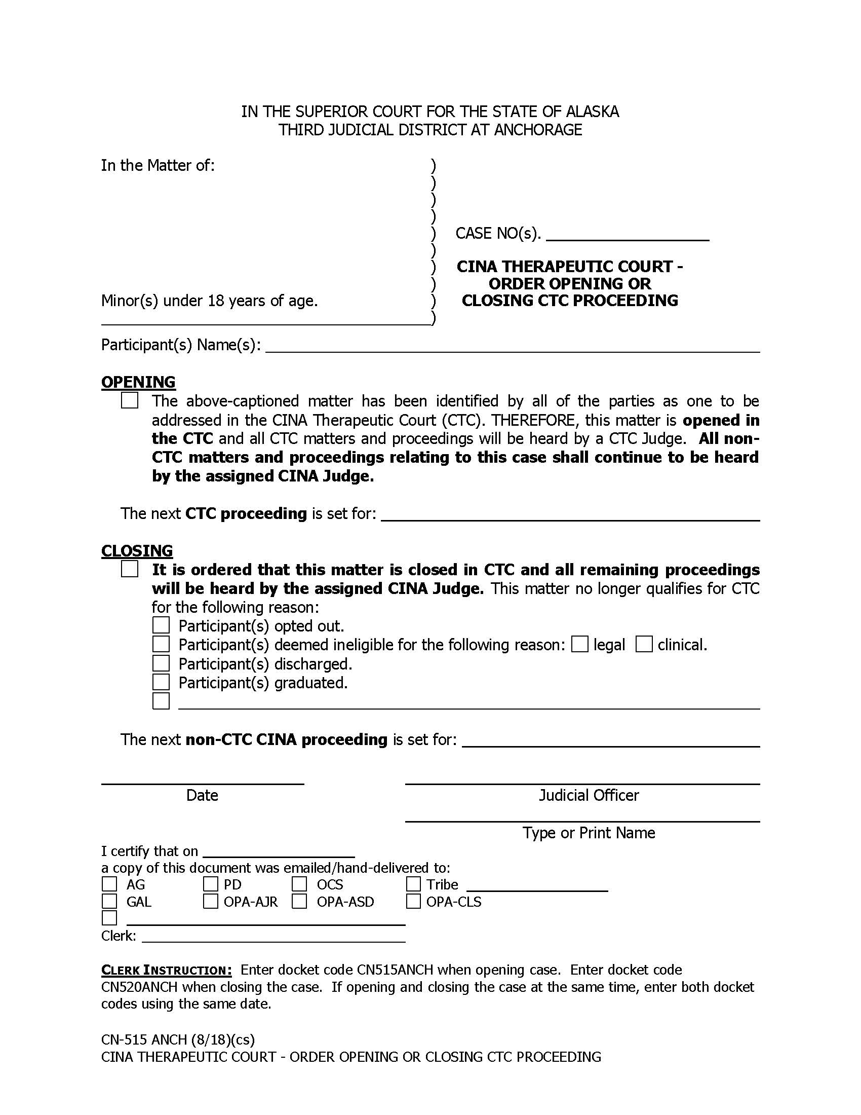 Order Opening Or Closing CTC Proceeding {CN-515 ANCH} | Pdf Fpdf Docx | Alaska