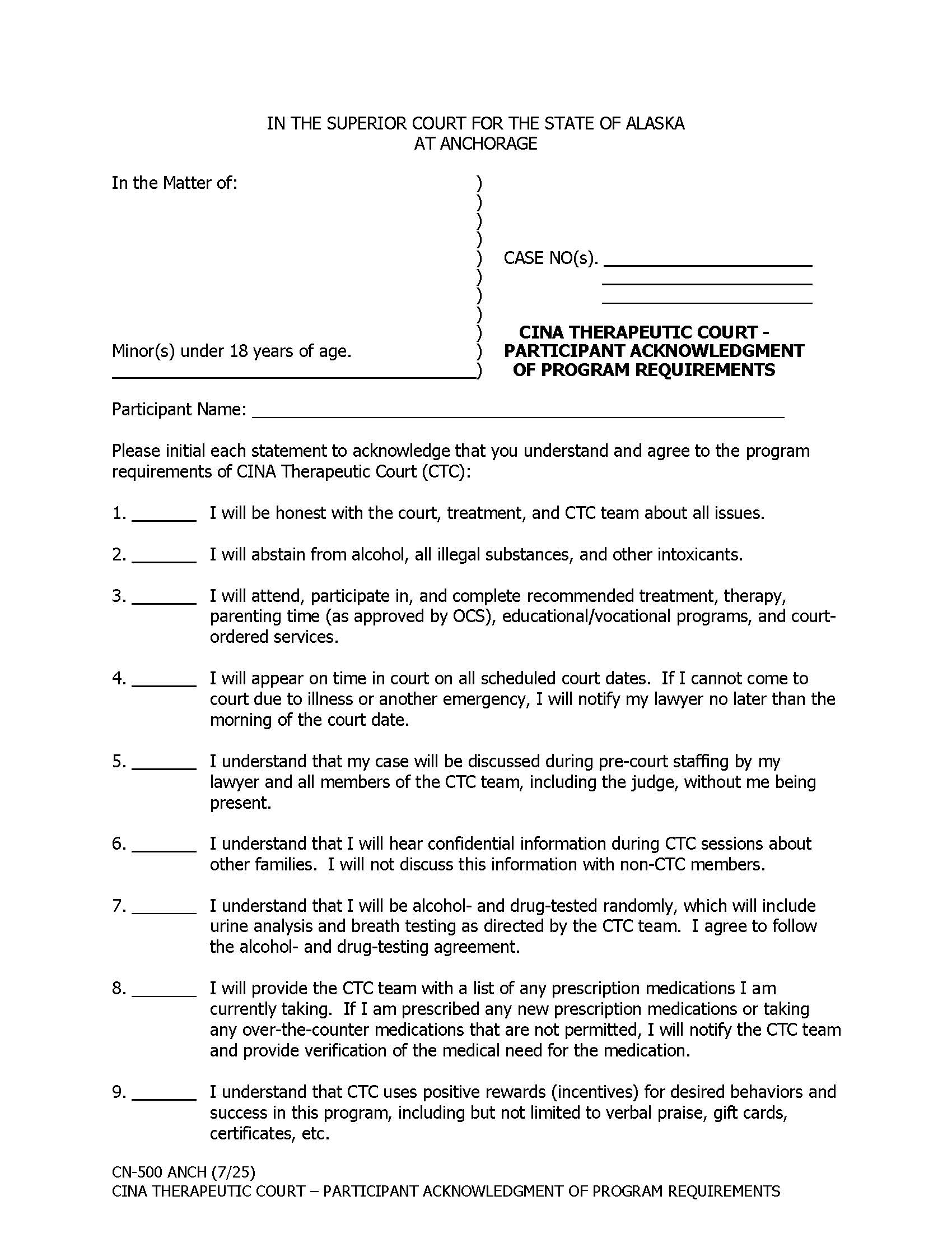 Participant Acknowledgment Of Program Requirements {CN-500 ANCH} | Pdf Fpdf Docx | Alaska