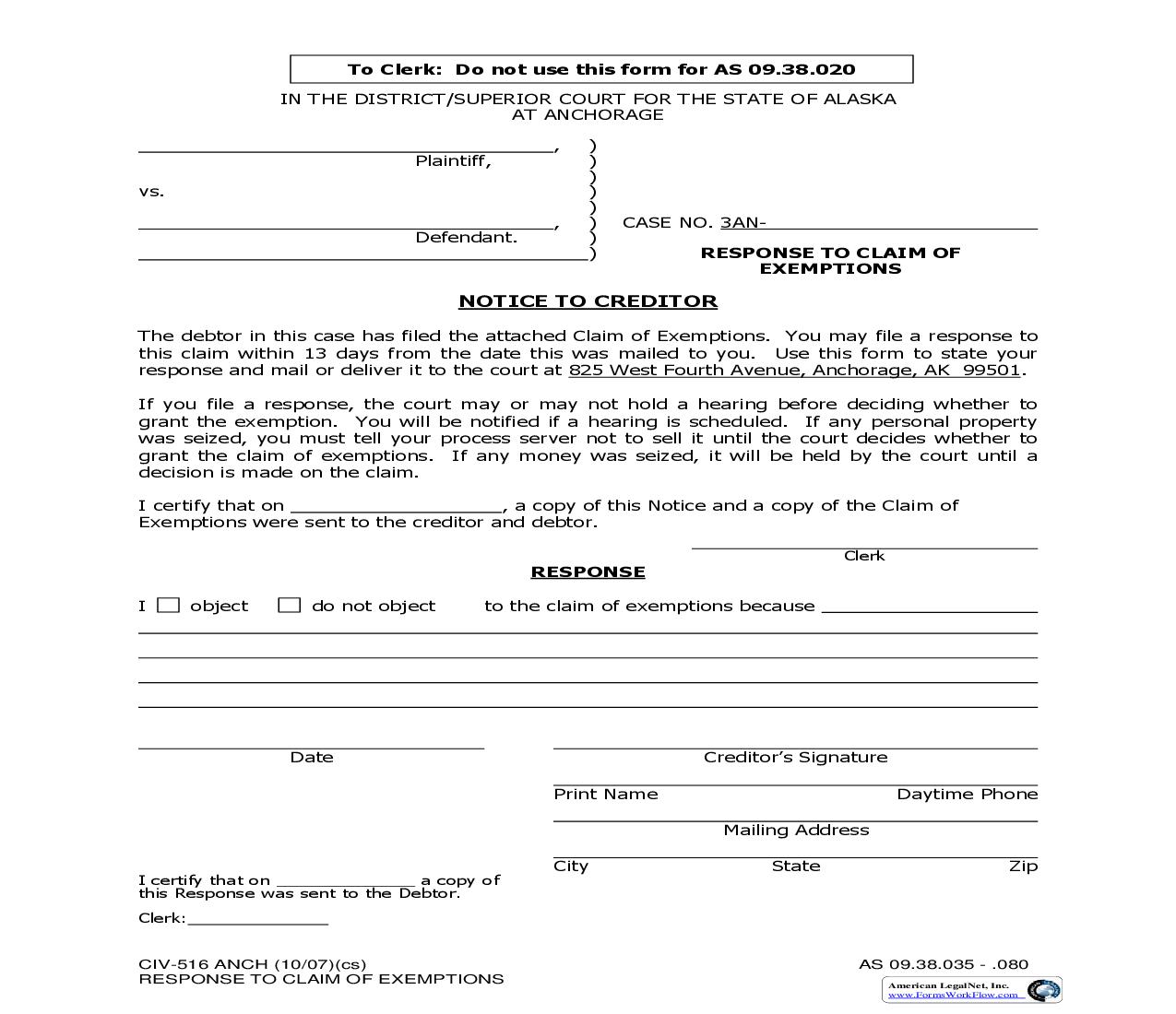 Response To Claim Of Exemptions {CIV-516 ANCH} | Pdf Fpdf Doc Docx | Alaska