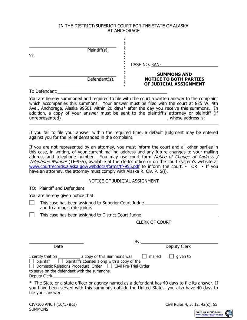 Summons - And Notice To Both Parties Of Judicial Assignment {CIV-100 ANCH} | Pdf Fpdf Docx | Alaska