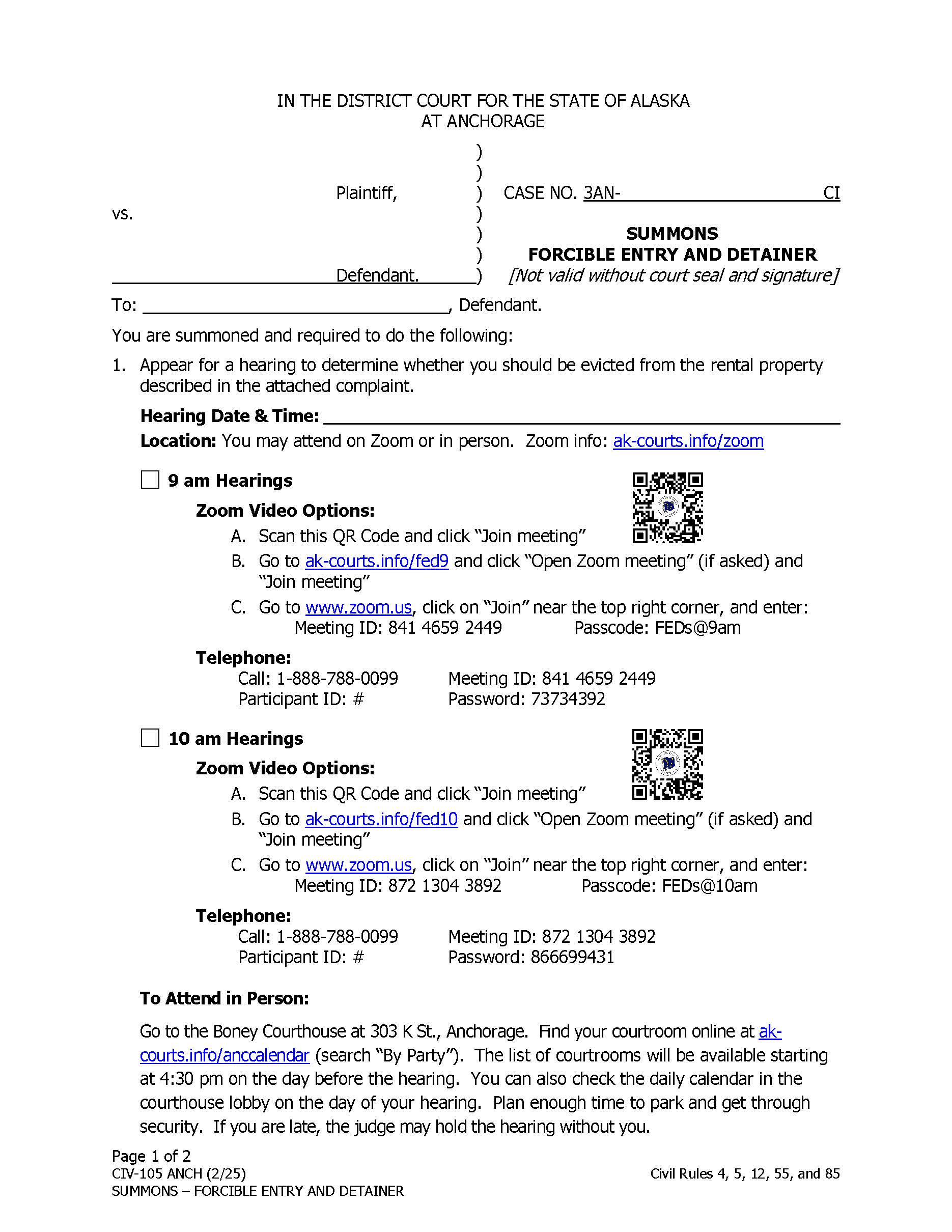 Summons Forcible Entry And Detainer {CIV-105 ANCH} | Pdf Fpdf Doc Docx | Alaska