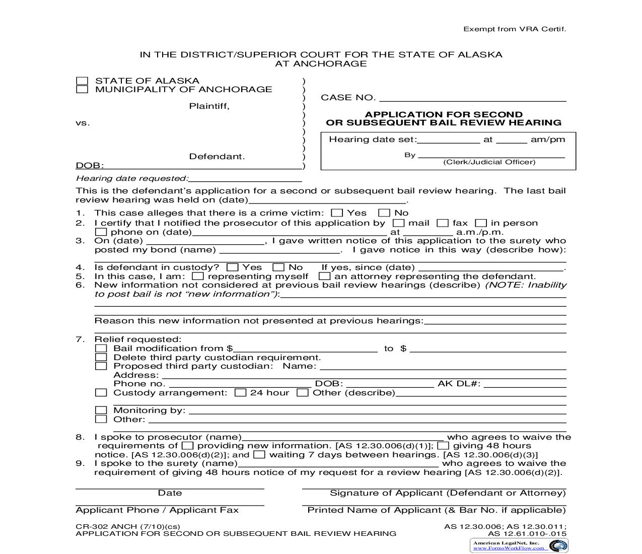 Application For Second Or Subsequent Bail Review Hearing {CR-302 ANCH} |  | Alaska