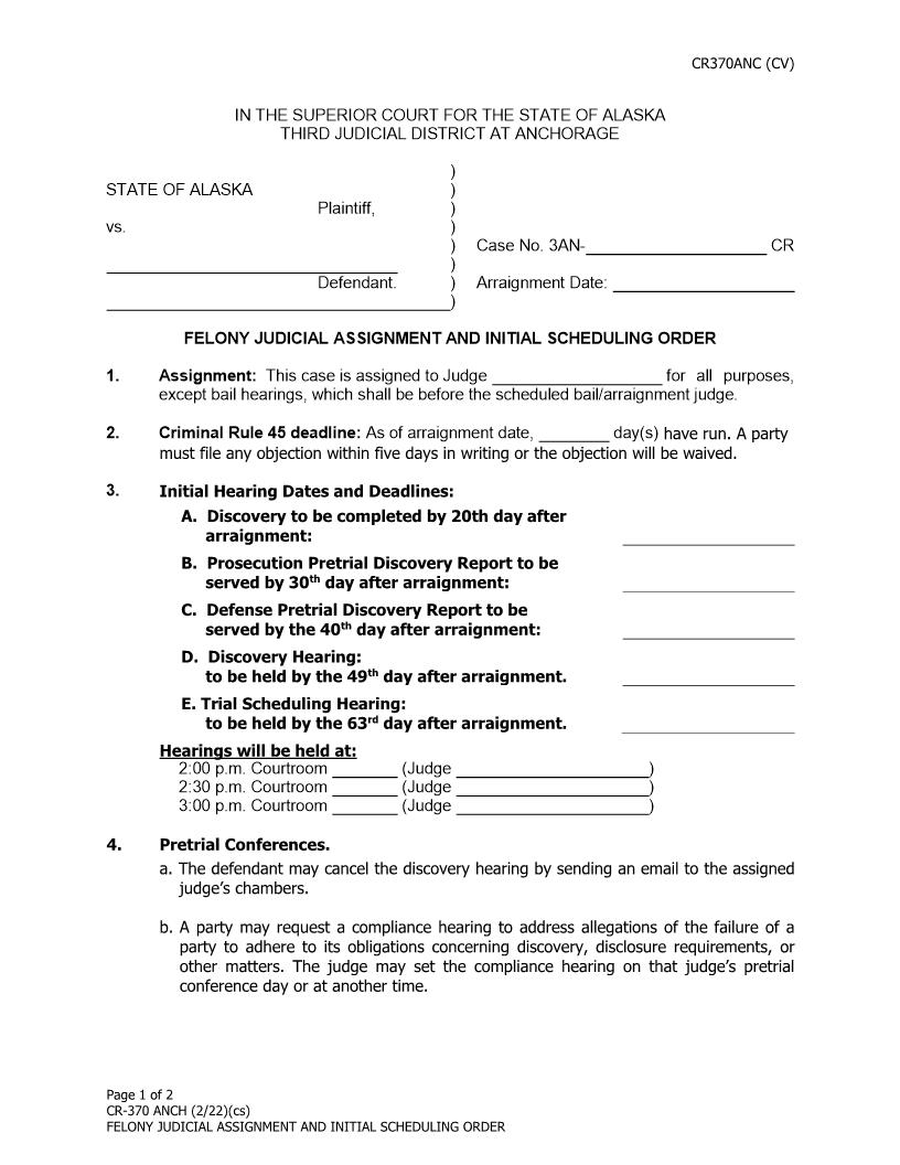 Felony Case Pretrial Order {CR-370 ANCH} | Pdf Fpdf Docx | Alaska