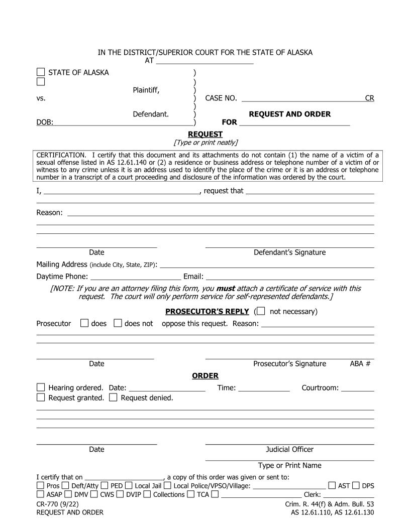 Request And Order {CR-770 ANCH} | Pdf Fpdf Doc Docx | Alaska