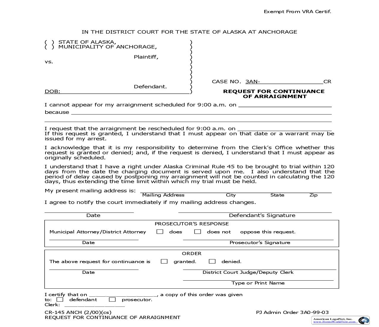 Request For Continuance Of Arraignment {CR-145 ANCH} | Pdf Fpdf Doc Docx | Alaska