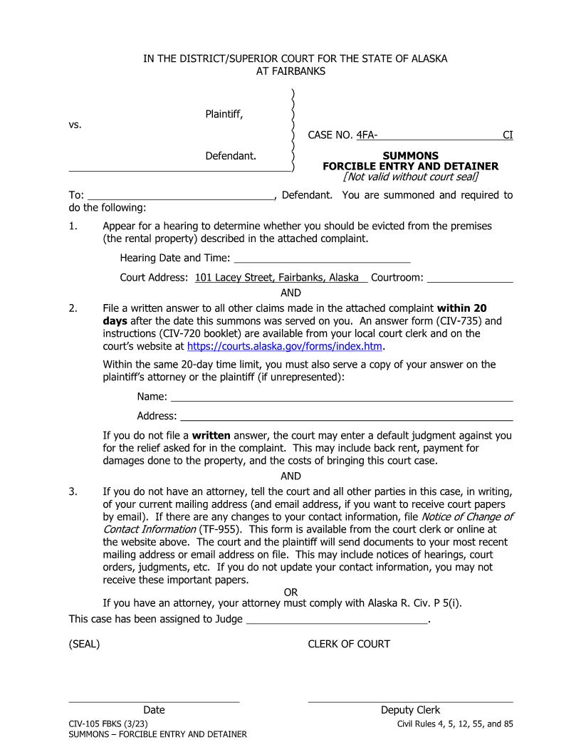Summons Forcible Entry And Detainer {CIV-105 FBKS} | Pdf Fpdf Docx | Alaska