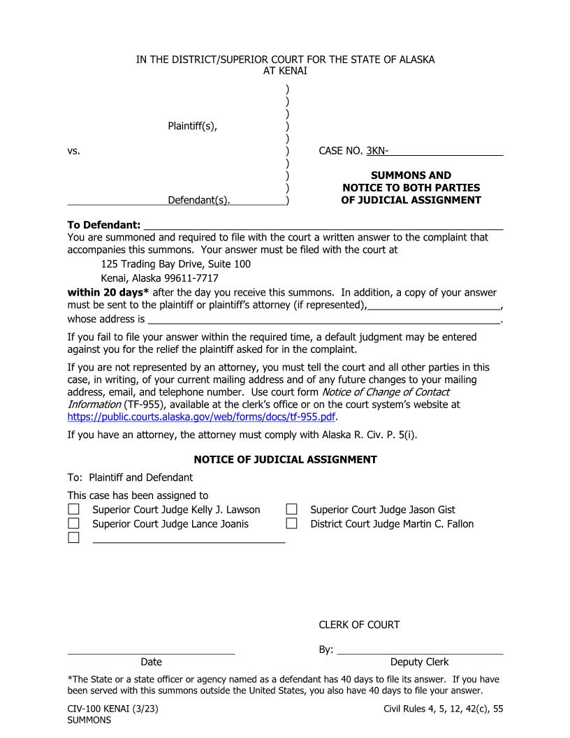 Summons And Notice To Both Parties Of Judicial Assignment {CIV-100 KENAI} | Pdf Fpdf Docx | Alaska