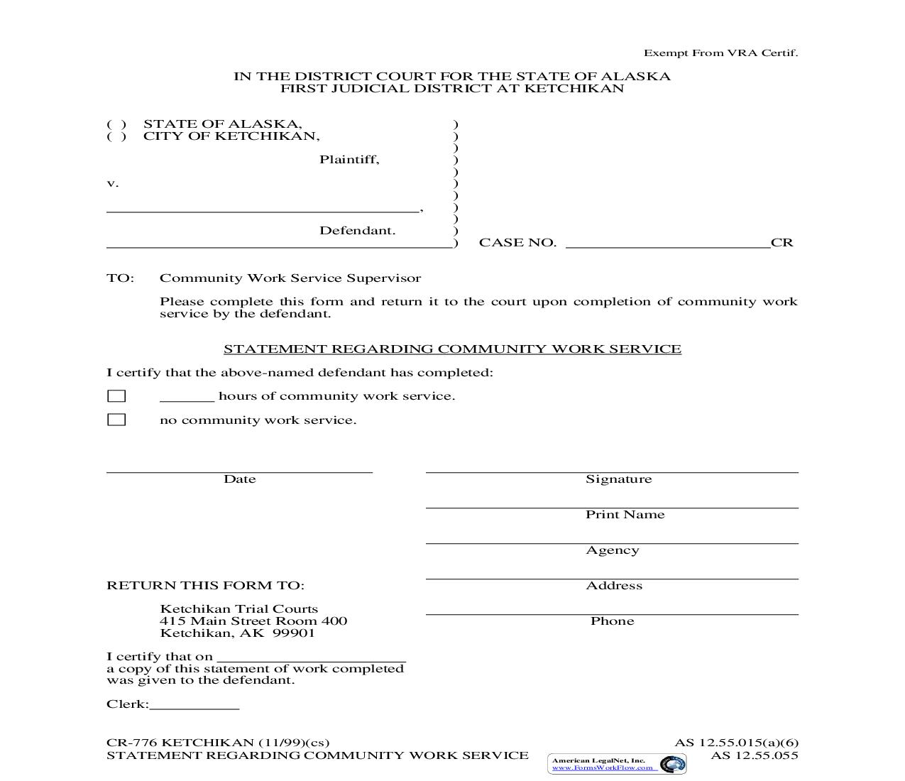 Statement Regarding Community Work Service {CR-776 KETCHIKAN} | Pdf Fpdf Doc Docx | Alaska