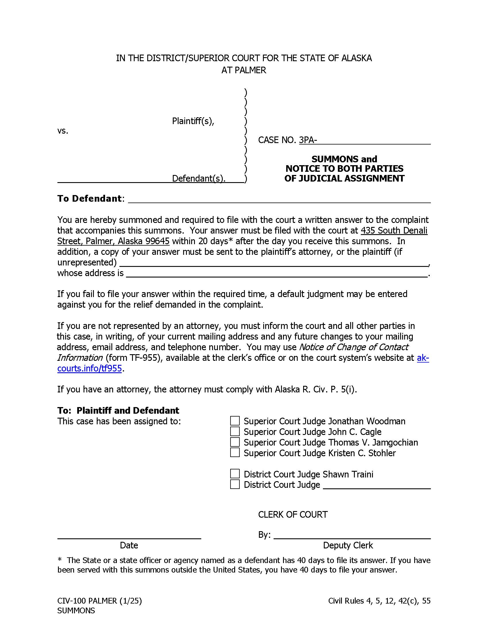 Summons And Notice To Both Parties Of Judicial Assignment {CIV-100 PALMER} | Pdf Fpdf Docx | Alaska