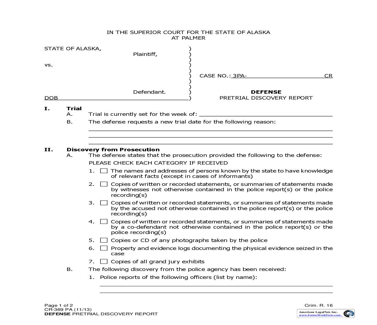 Defense - Pretrial Discovery Report {CR-369 PA} | Pdf Fpdf Doc Docx | Alaska
