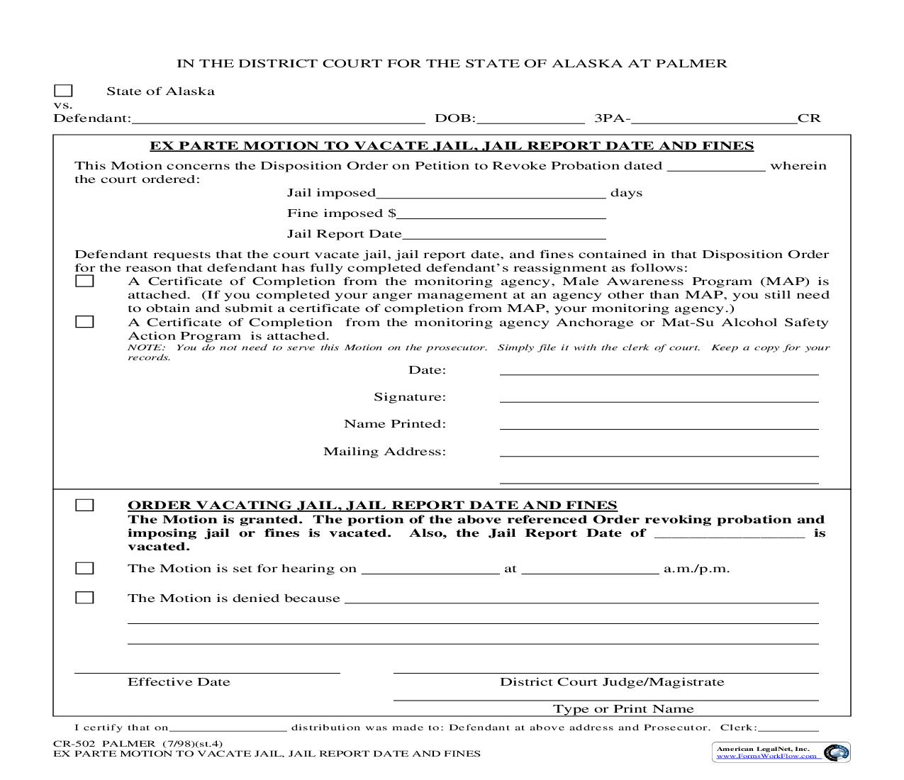 Ex Parte Motion To Vacate Jail - Jail Report Date And Fines {CR-502 PA} | Pdf Fpdf Doc Docx | Alaska
