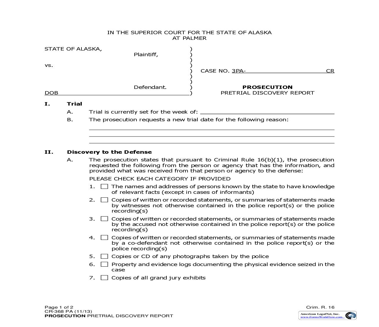 Prosecution - Pretrial Discovery Report {CR-368 PA} | Pdf Fpdf Doc Docx | Alaska