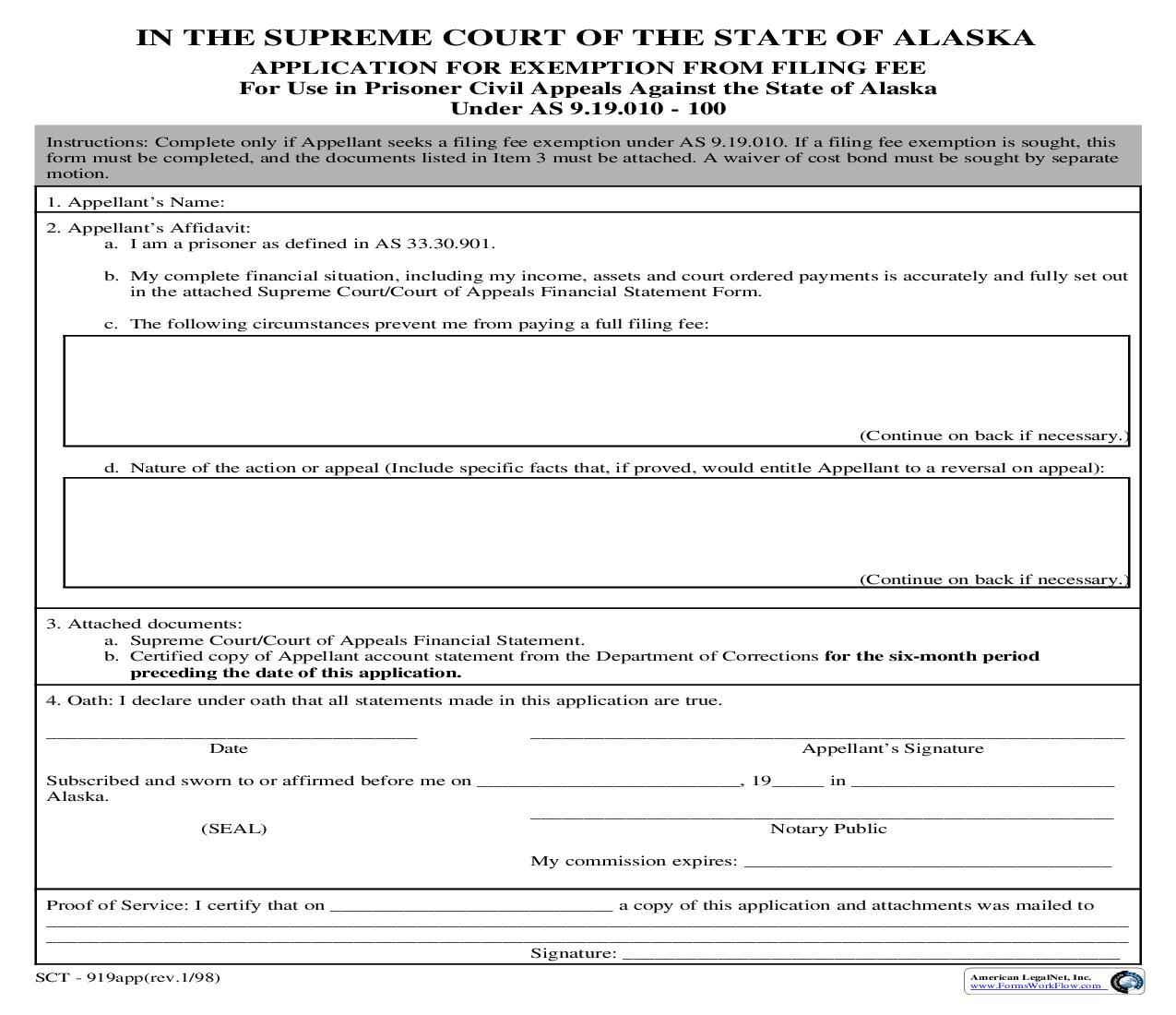 Application For Exemption From Filing Fee {COA-919A} | Pdf Fpdf Doc Docx | Alaska