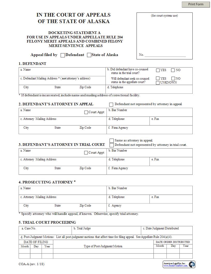 Docketing Statement A {COA-A} | Pdf Fpdf Docx | Alaska