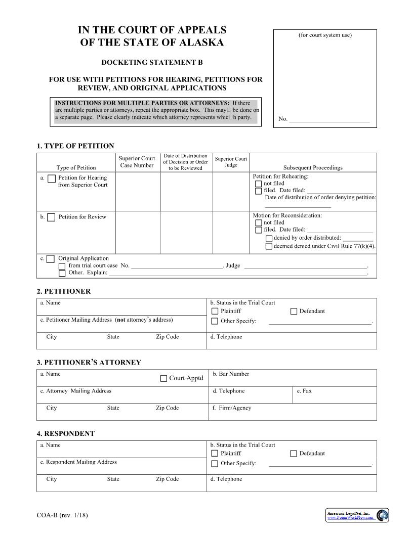Docketing Statement B {COA-B} | Pdf Fpdf Docx | Alaska
