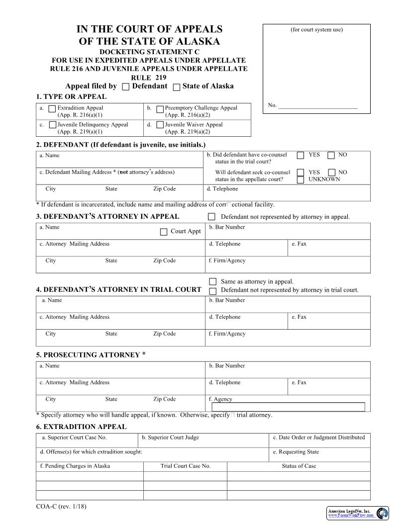 Docketing Statement C {COA-C} | Pdf Fpdf Docx | Alaska