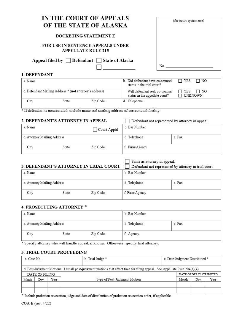 Docketing Statement E {COA-E} | Pdf Fpdf Docx | Alaska