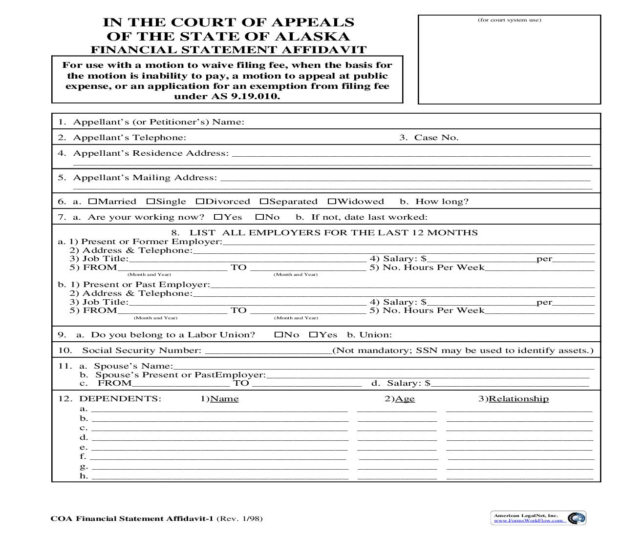 Financial Statement Affidavit | Pdf Fpdf Doc Docx | Alaska