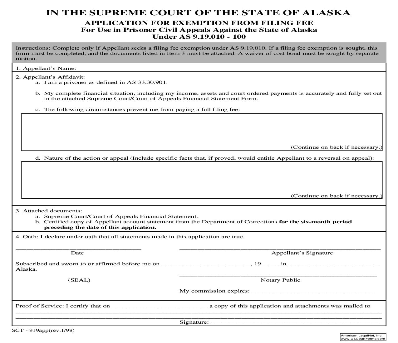 Application For Exemption From Filing Fee {SCT-919} | Pdf Fpdf Doc Docx | Alaska