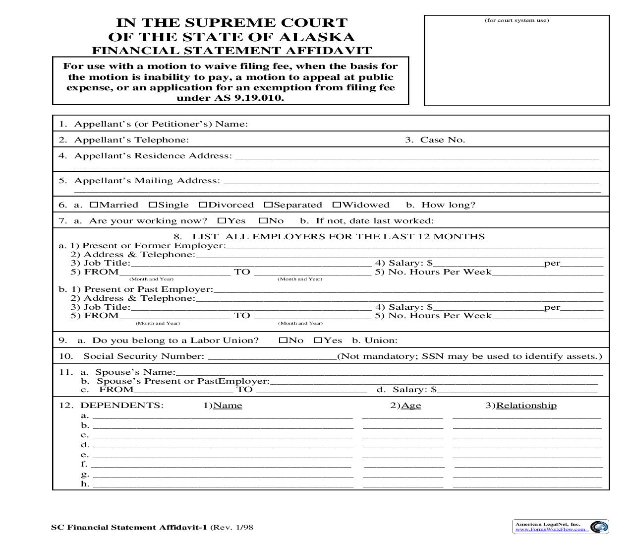 Financial Statement Affidavit | Pdf Fpdf Doc Docx | Alaska