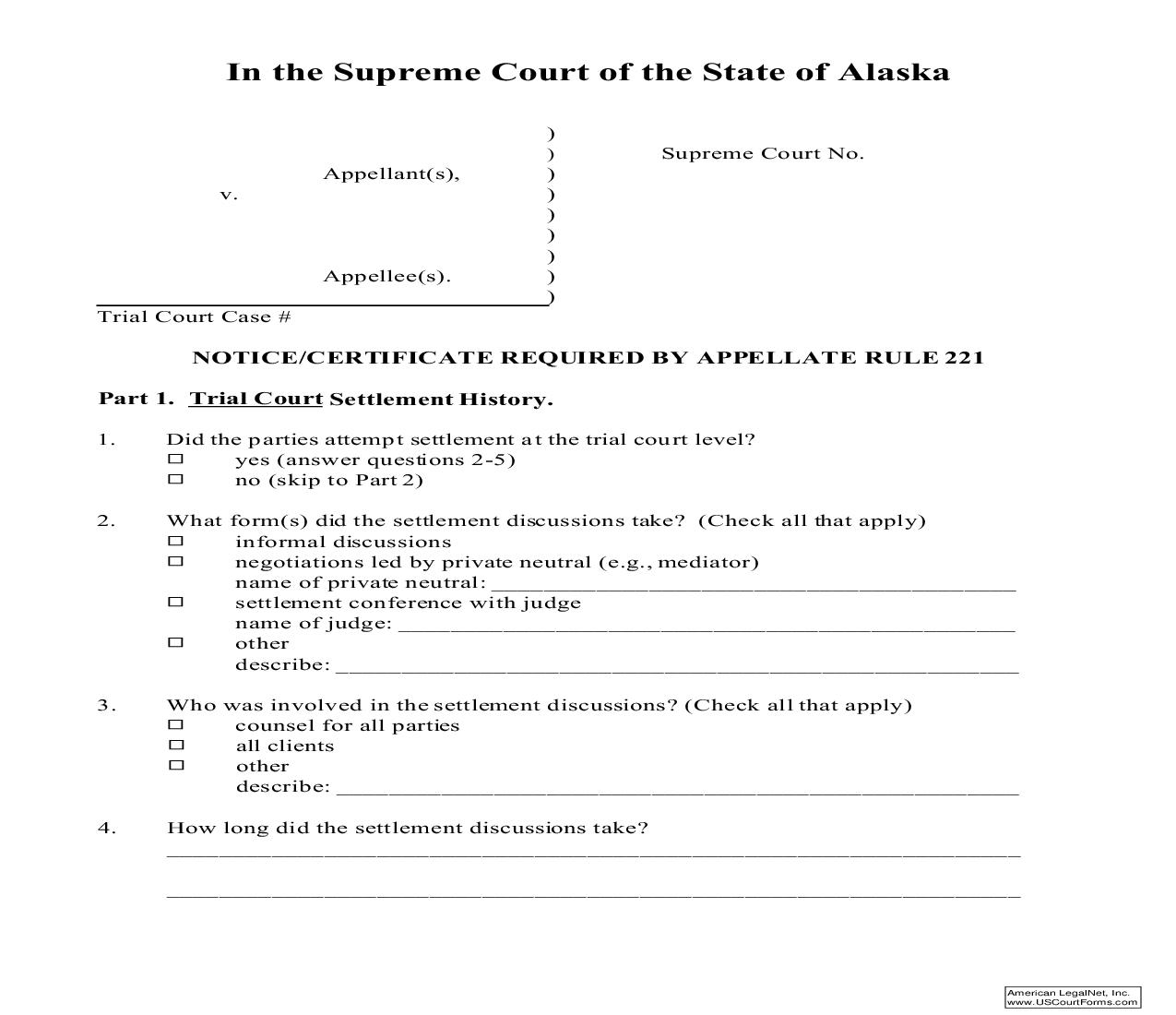 Notice Or Certificate Required By Appellate Rule 221 | Pdf Fpdf Doc Docx | Alaska