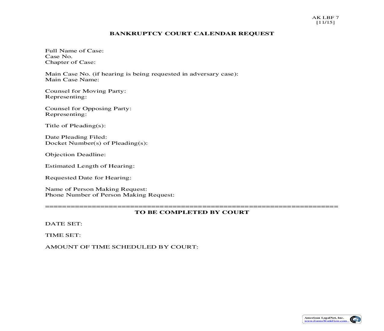 Bankruptcy Court Calendar Request {LBF-7} | Pdf Fpdf Doc Docx | Alaska