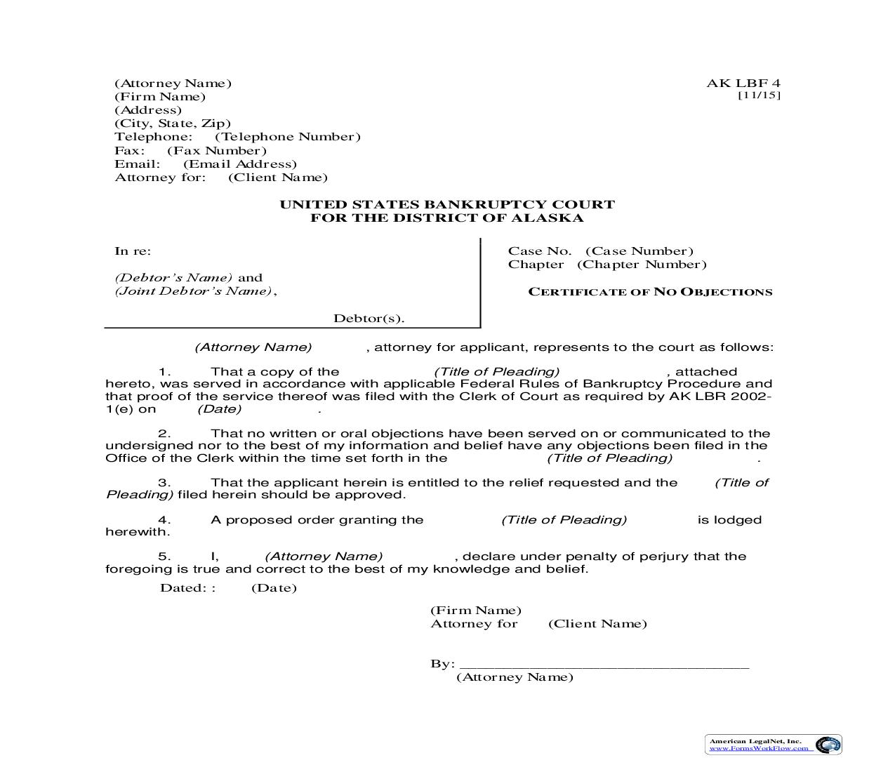 Certificate Of No Objections {LBF-4} | Pdf Fpdf Doc Docx | Alaska