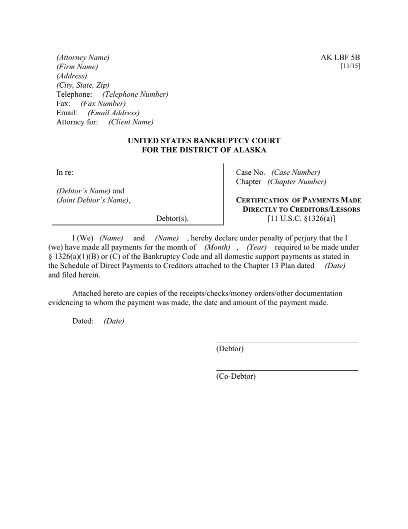 Certification Of Payments Made Directly To Creditors Or Lessors {LBF-5B} | Pdf Fpdf Doc Docx | Alaska