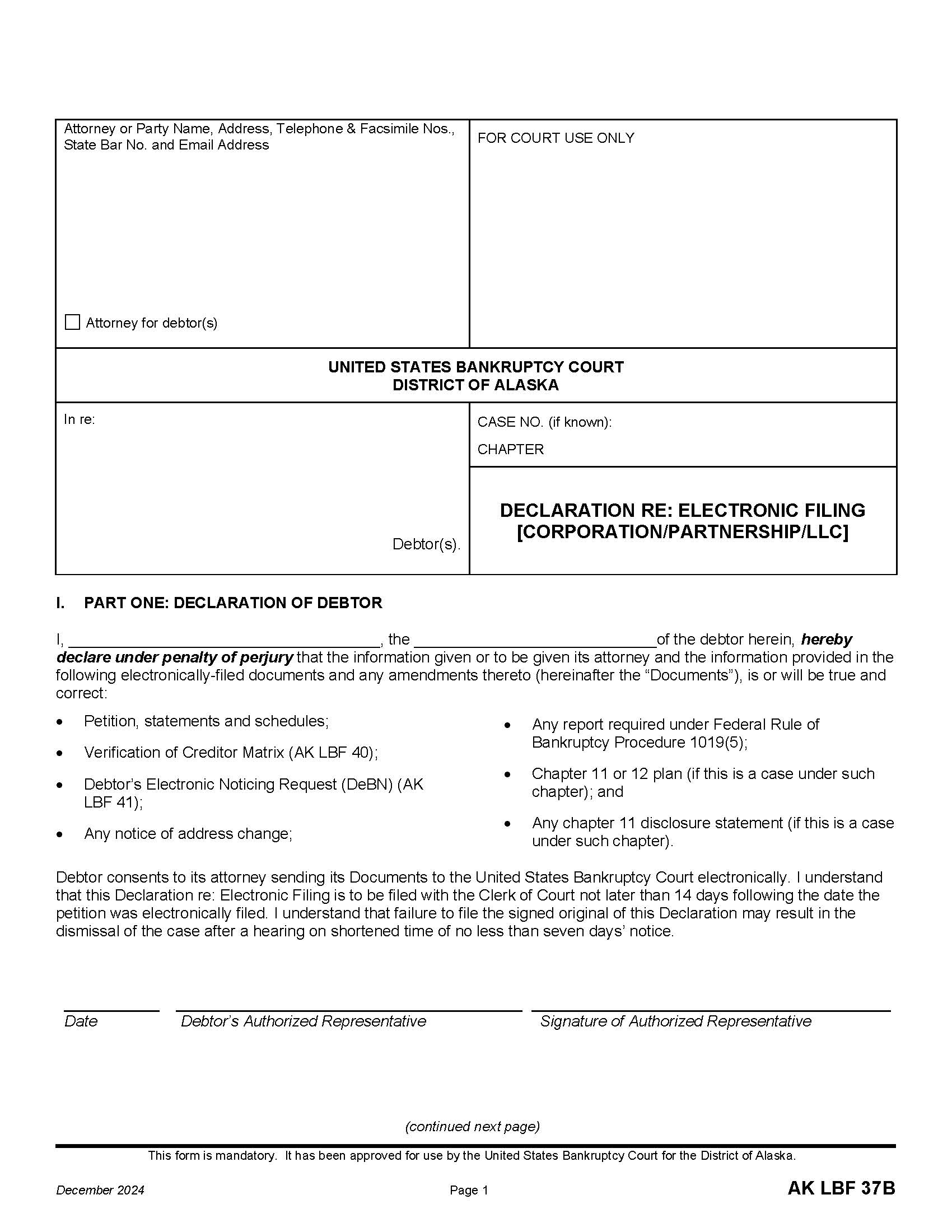 Declaration Re Electronic Filing (Corporation Partnership LLC) {LBF-37-B} | Pdf Fpdf Docx | Alaska