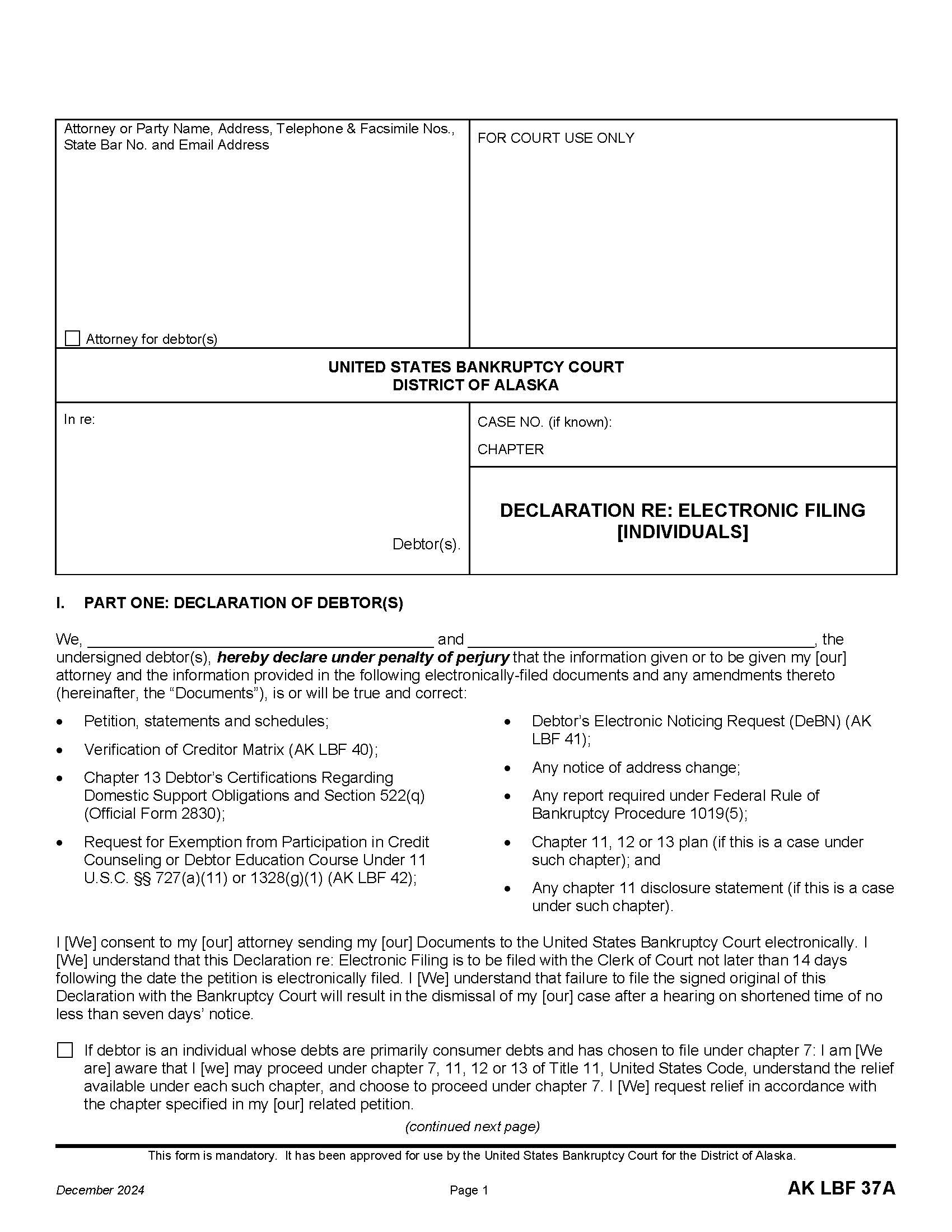 Declaration Re Electronic Filing (Individuals) {LBF-37-A} | Pdf Fpdf Docx | Alaska
