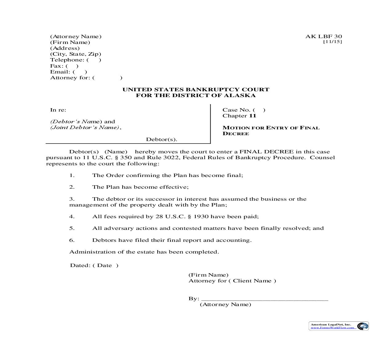 Motion For Entry Of Final Decree {LBF-30} | Pdf Fpdf Doc Docx | Alaska