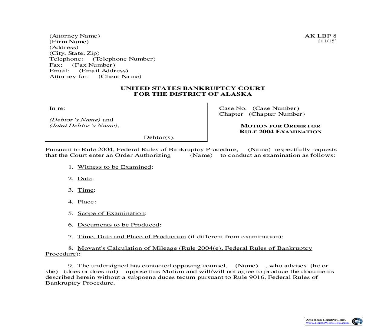Motion For Order For Rule 2004 Examination {LBF-8} | Pdf Fpdf Doc Docx | Alaska