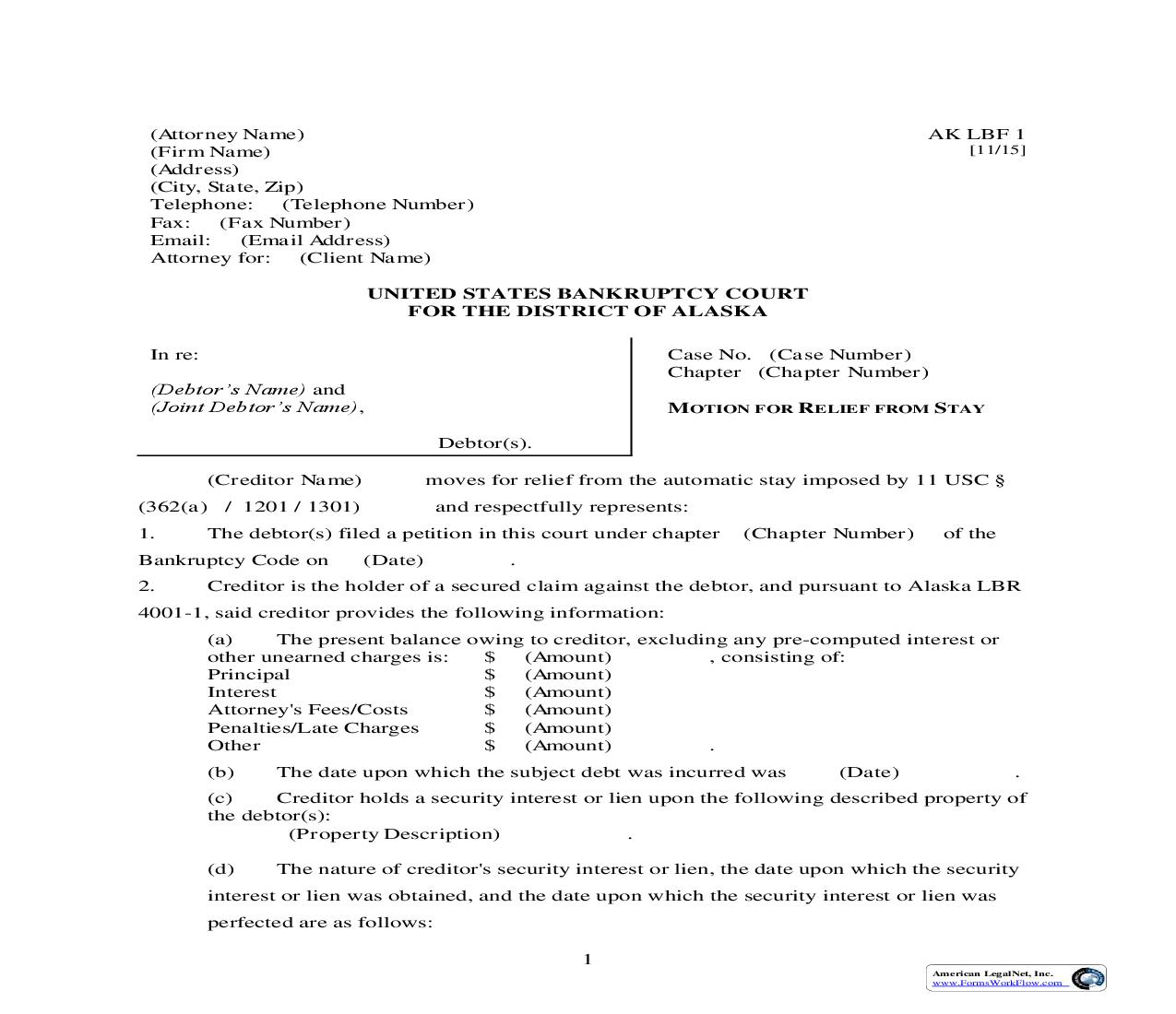 Motion For Relief From Stay {LBF-1} | Pdf Fpdf Doc Docx | Alaska
