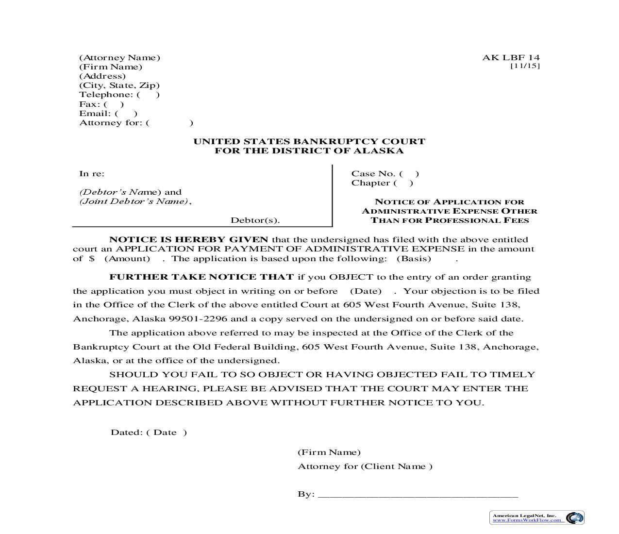 Notice Of Application For Administrative Expense Other Than For Professional Fees {LBF-14} | Pdf Fpdf Doc Docx | Alaska