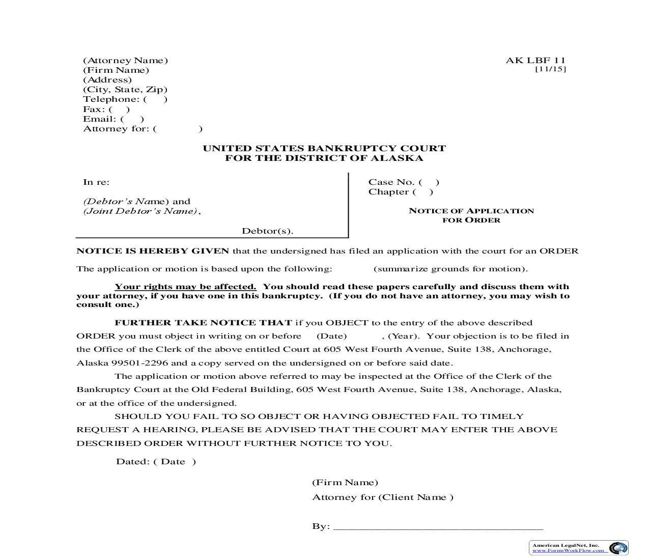 Notice Of Application For Order {LBF-11} | Pdf Fpdf Doc Docx | Alaska