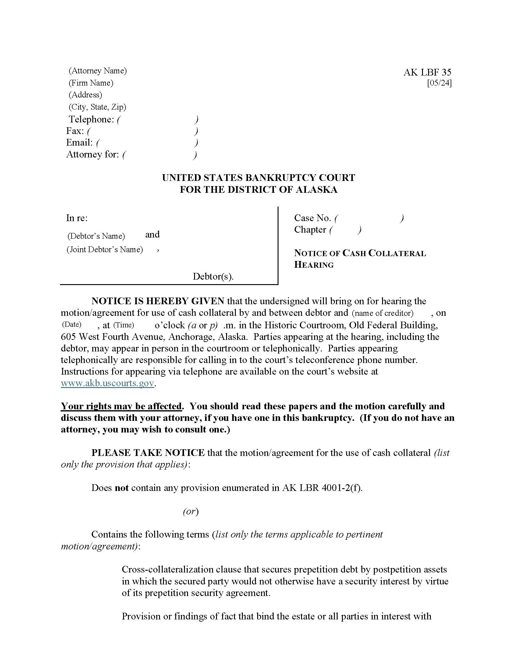 Notice Of Cash Collateral Hearing {LBF-35} | Pdf Fpdf Doc Docx | Alaska
