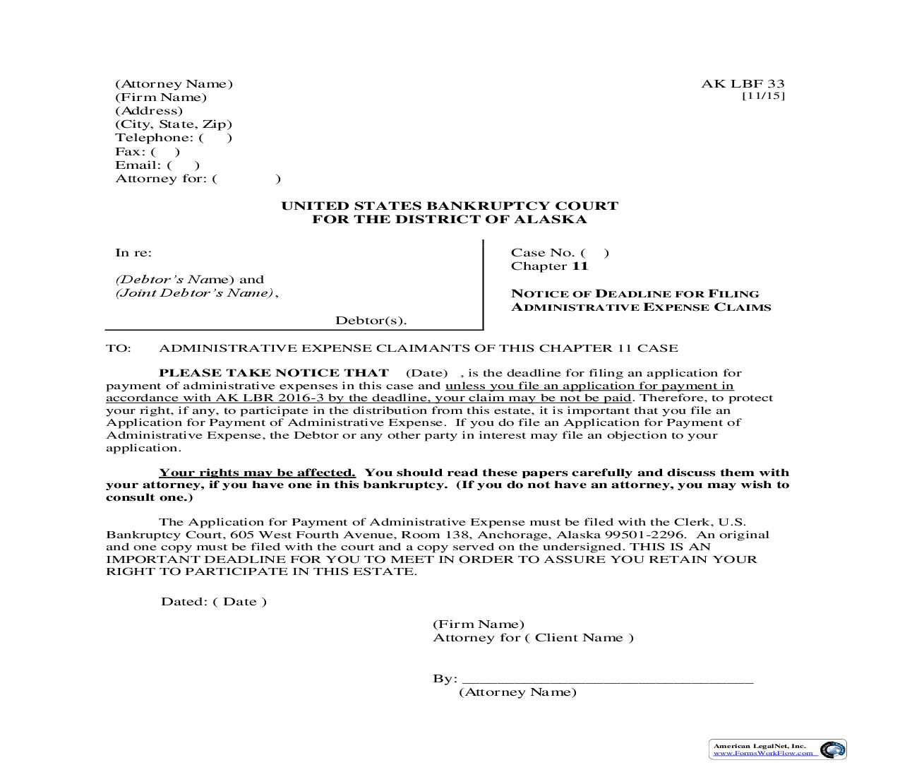 Notice Of Deadline For Filing Administrative Expense Claims {LBF-33} | Pdf Fpdf Doc Docx | Alaska