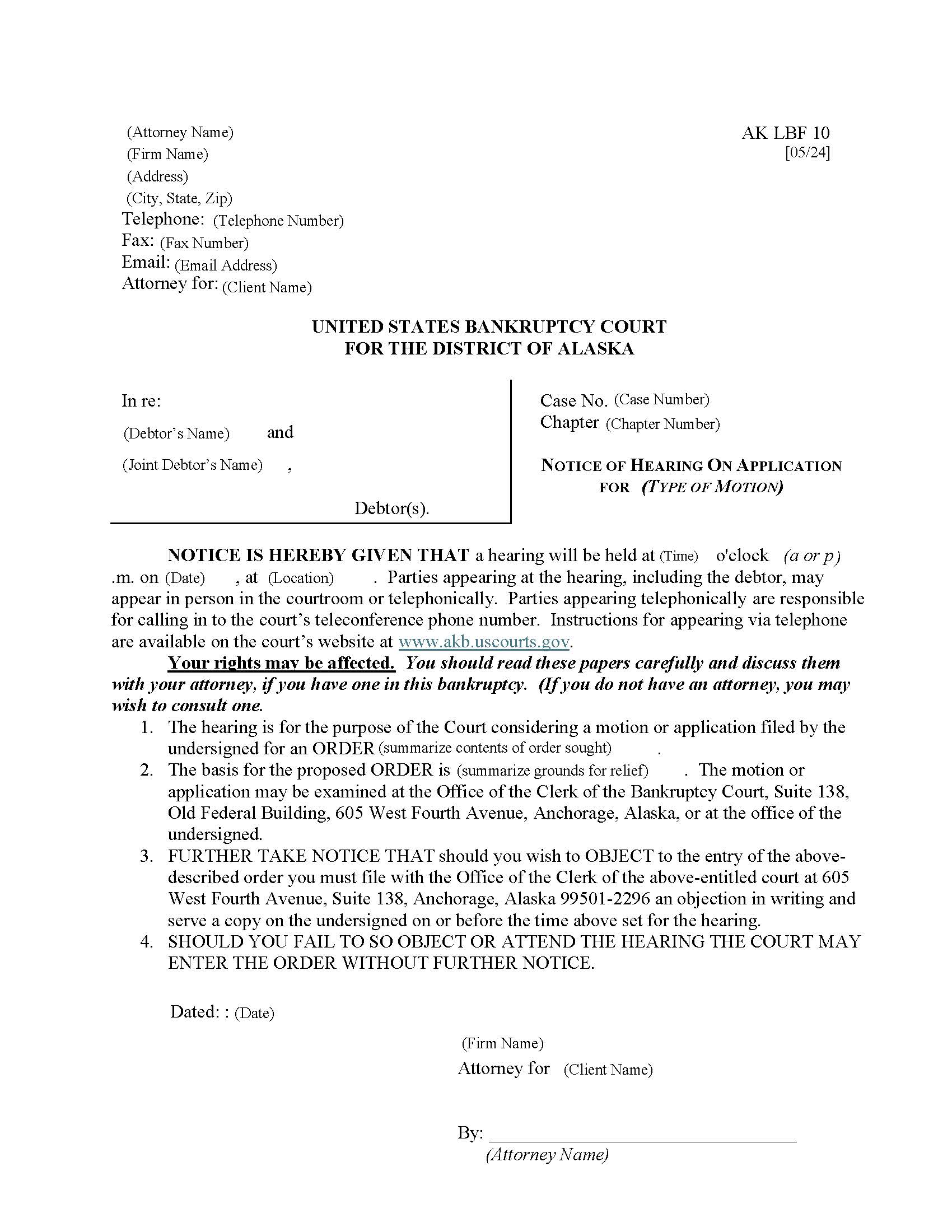 Notice Of Hearing On Application For {LBF-10} | Pdf Fpdf Doc Docx | Alaska