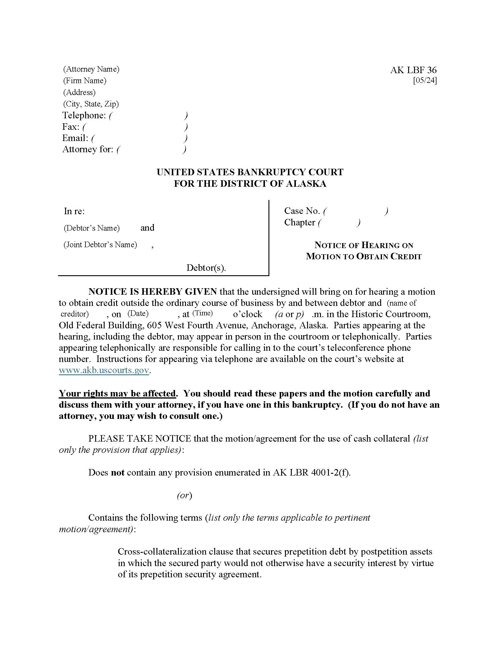 Notice Of Hearing On Motion To Obtain Credit {LBF-36} | Pdf Fpdf Doc Docx | Alaska