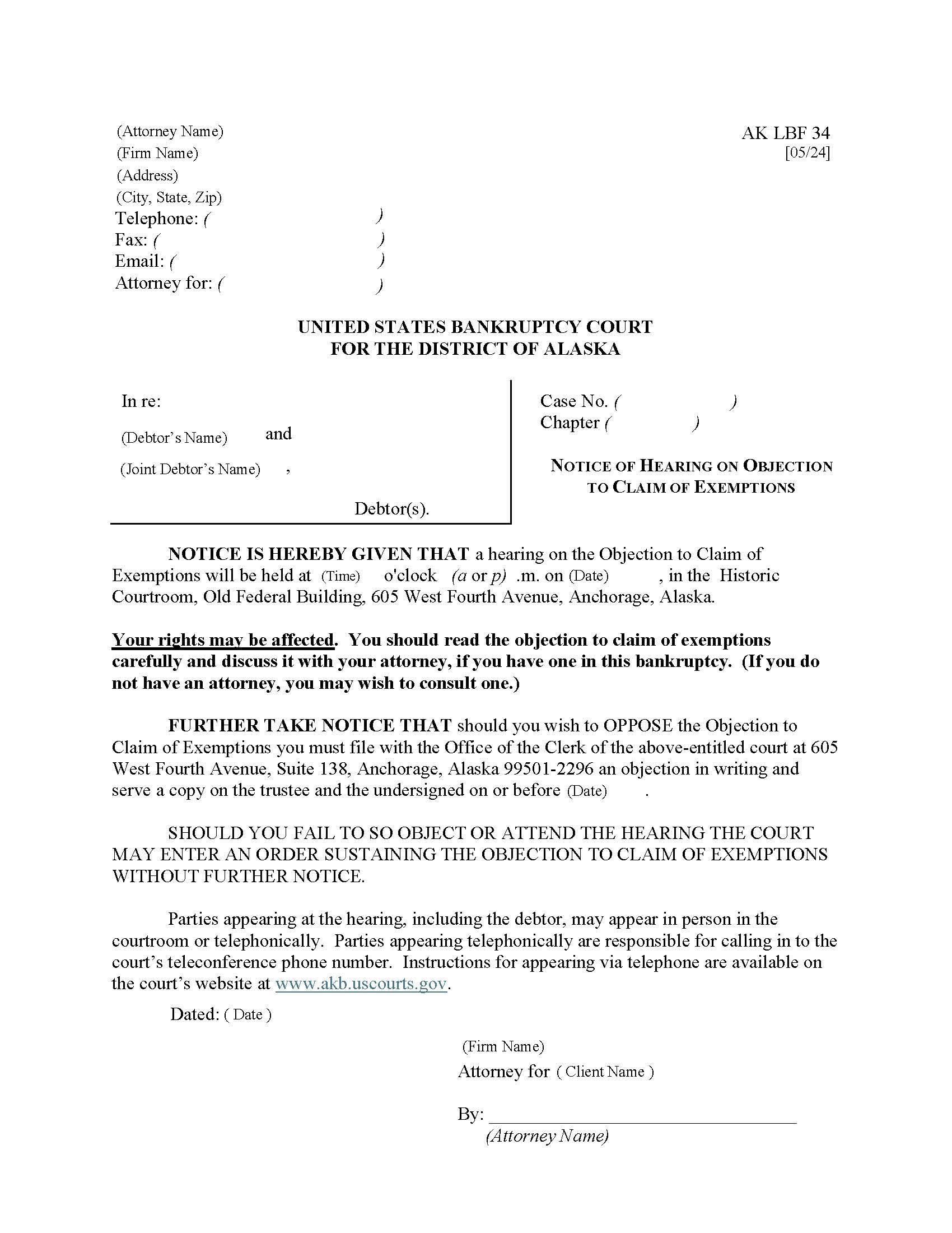 Notice Of Hearing On Objection To Claim Of Exemptions {LBF-34} | Pdf Fpdf Doc Docx | Alaska