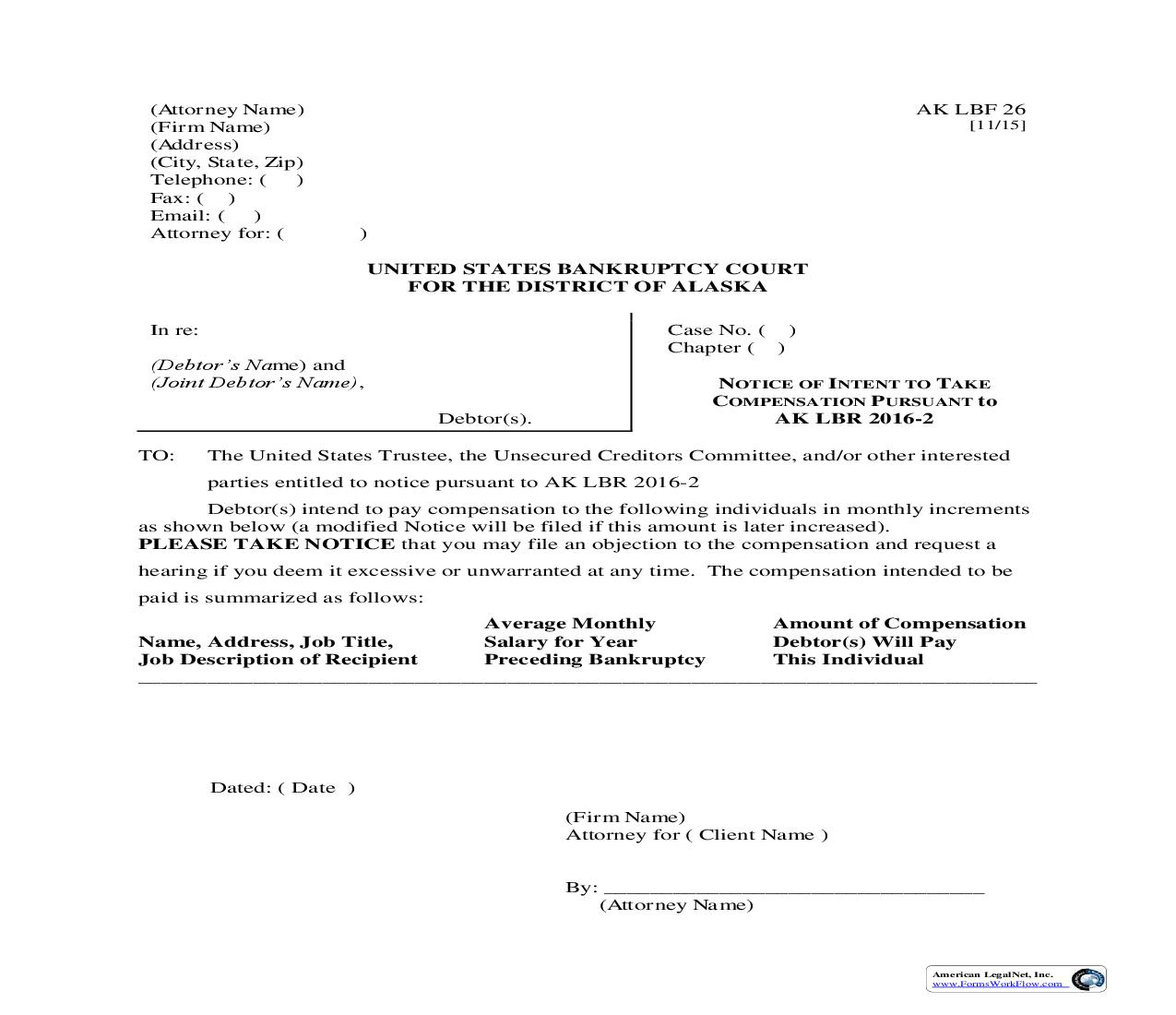 Notice Of Intent To Take Compensation Pursuant To AK LBR 2016-2 {LBF-26} | Pdf Fpdf Doc Docx | Alaska