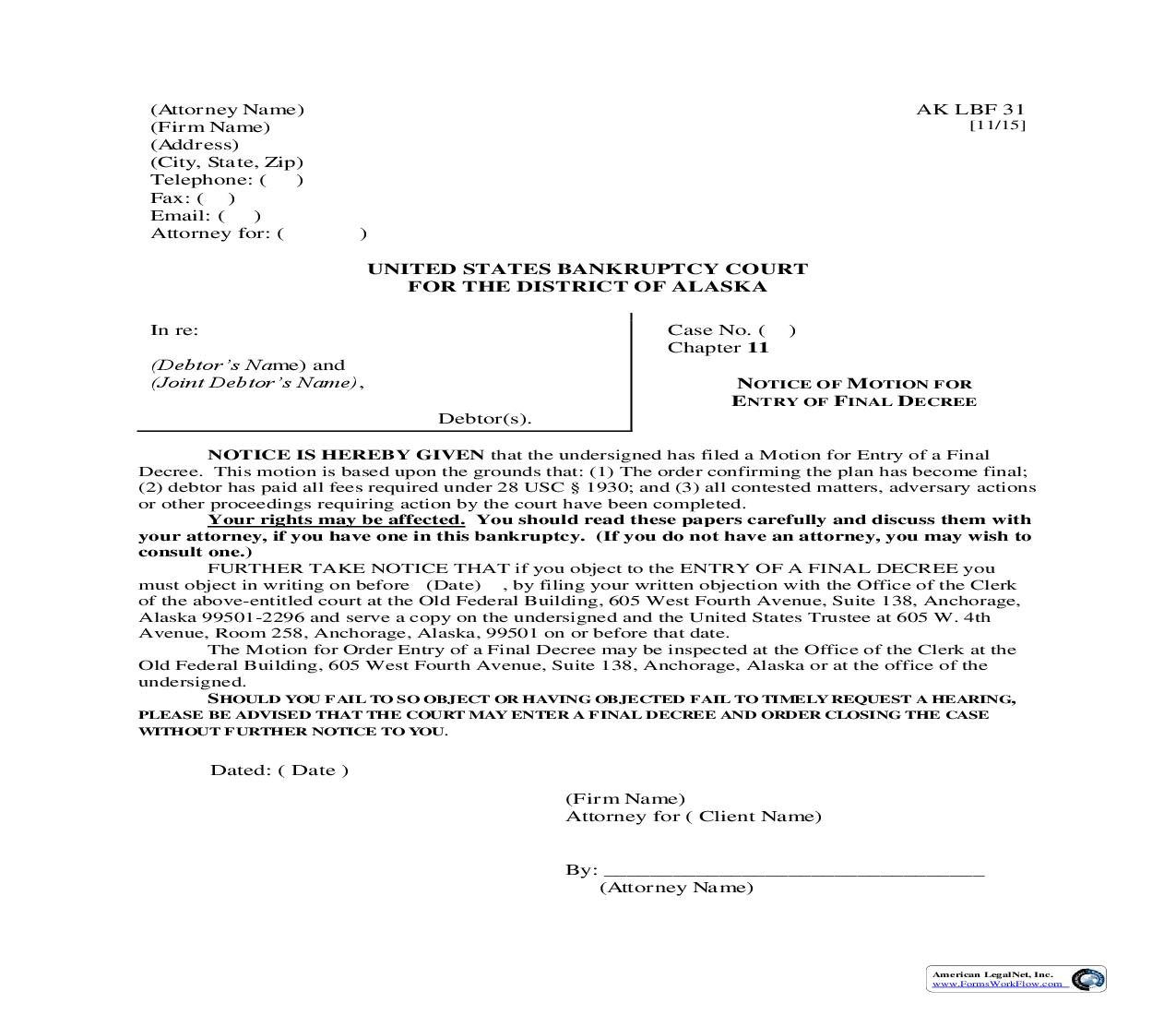 Notice Of Motion For Entry Of Final Decree {LBF-31} | Pdf Fpdf Doc Docx | Alaska