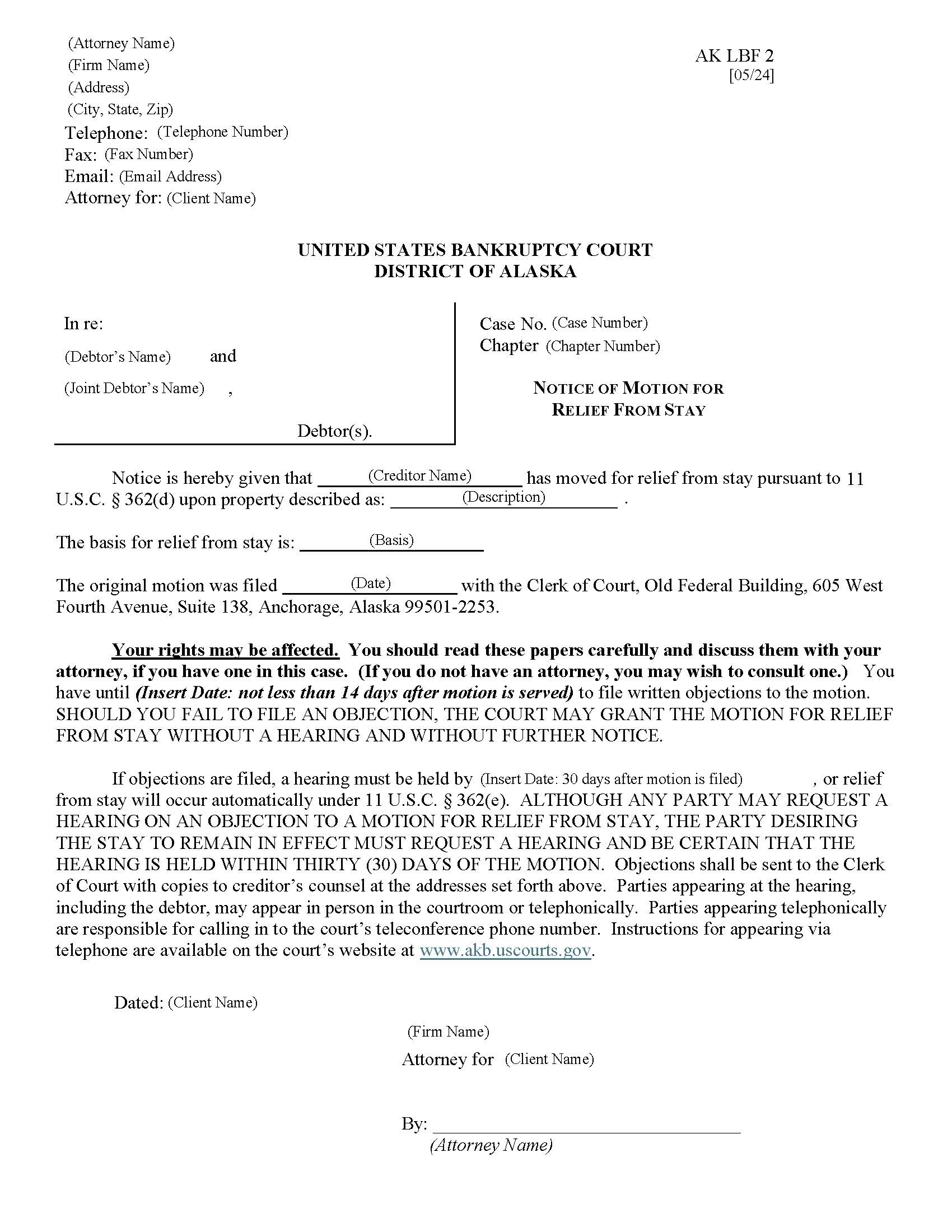 Notice Of Motion For Relief From Stay {LBF-2} | Pdf Fpdf Docx | Alaska