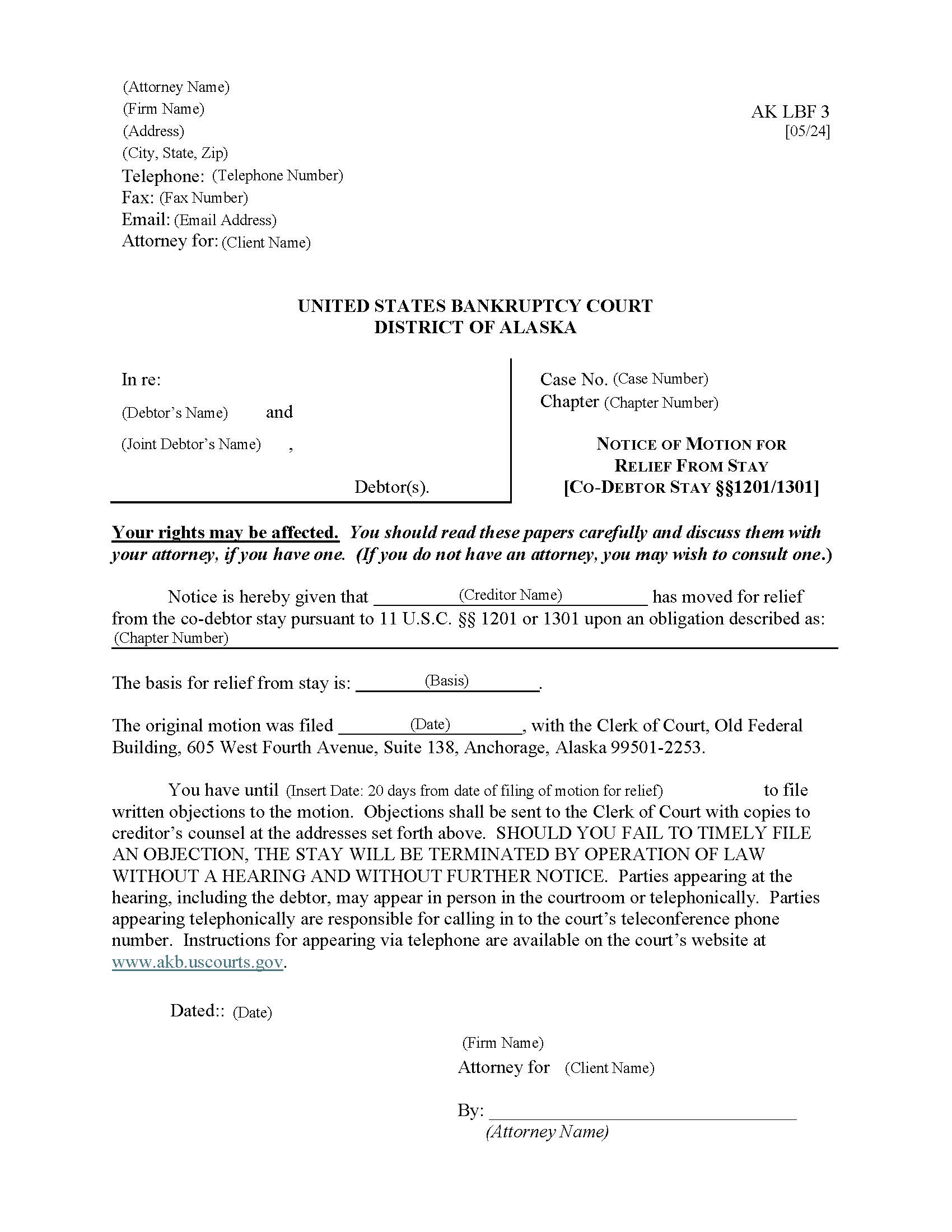 Notice Of Motion For Relief From Stay Codebtor Stay {LBF-3} | Pdf Fpdf Docx | Alaska