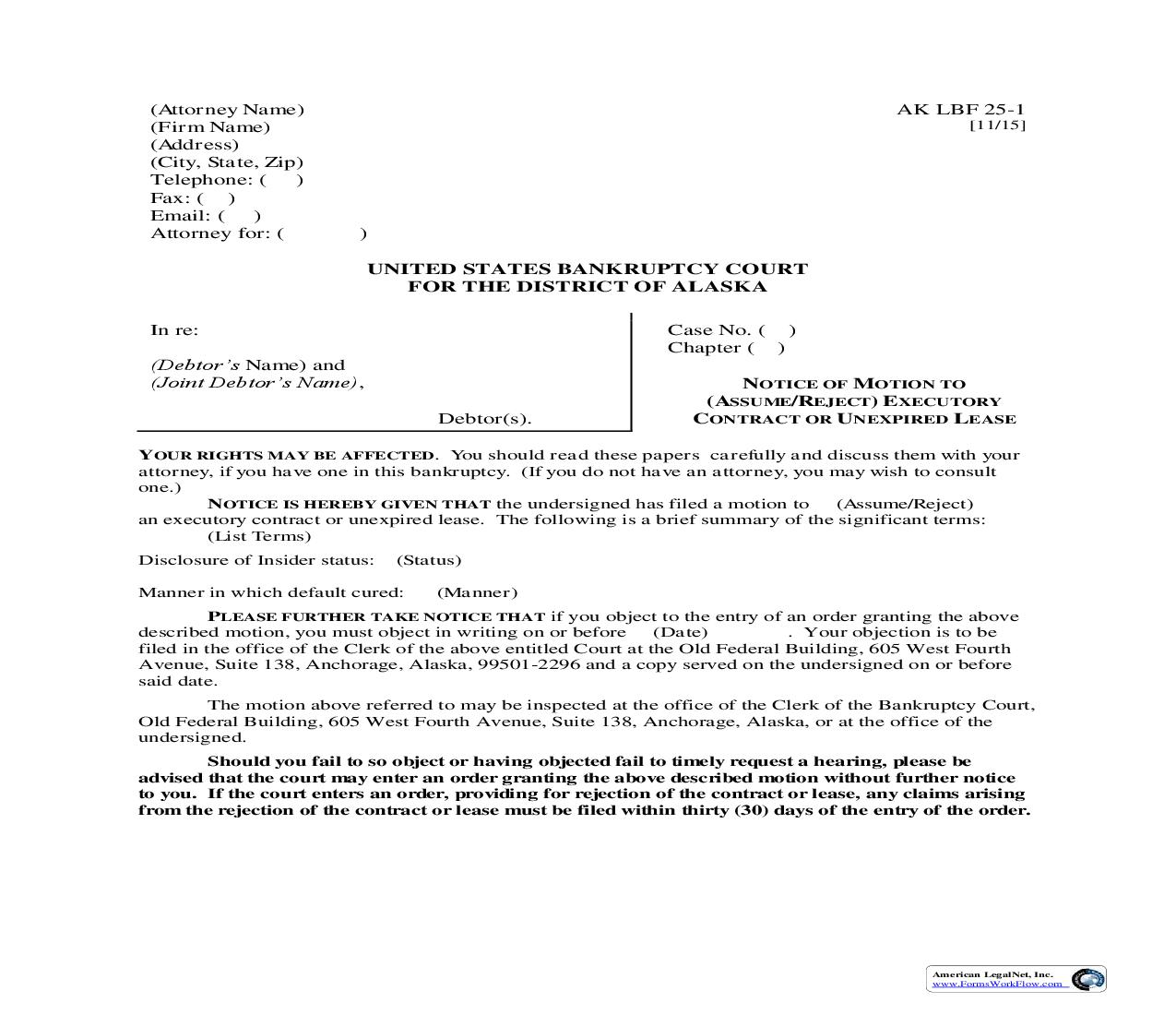 Notice Of Motion To Assume Or Reject Executory Contract Or Unexpired Lease {LBF-25-1} | Pdf Fpdf Doc Docx | Alaska