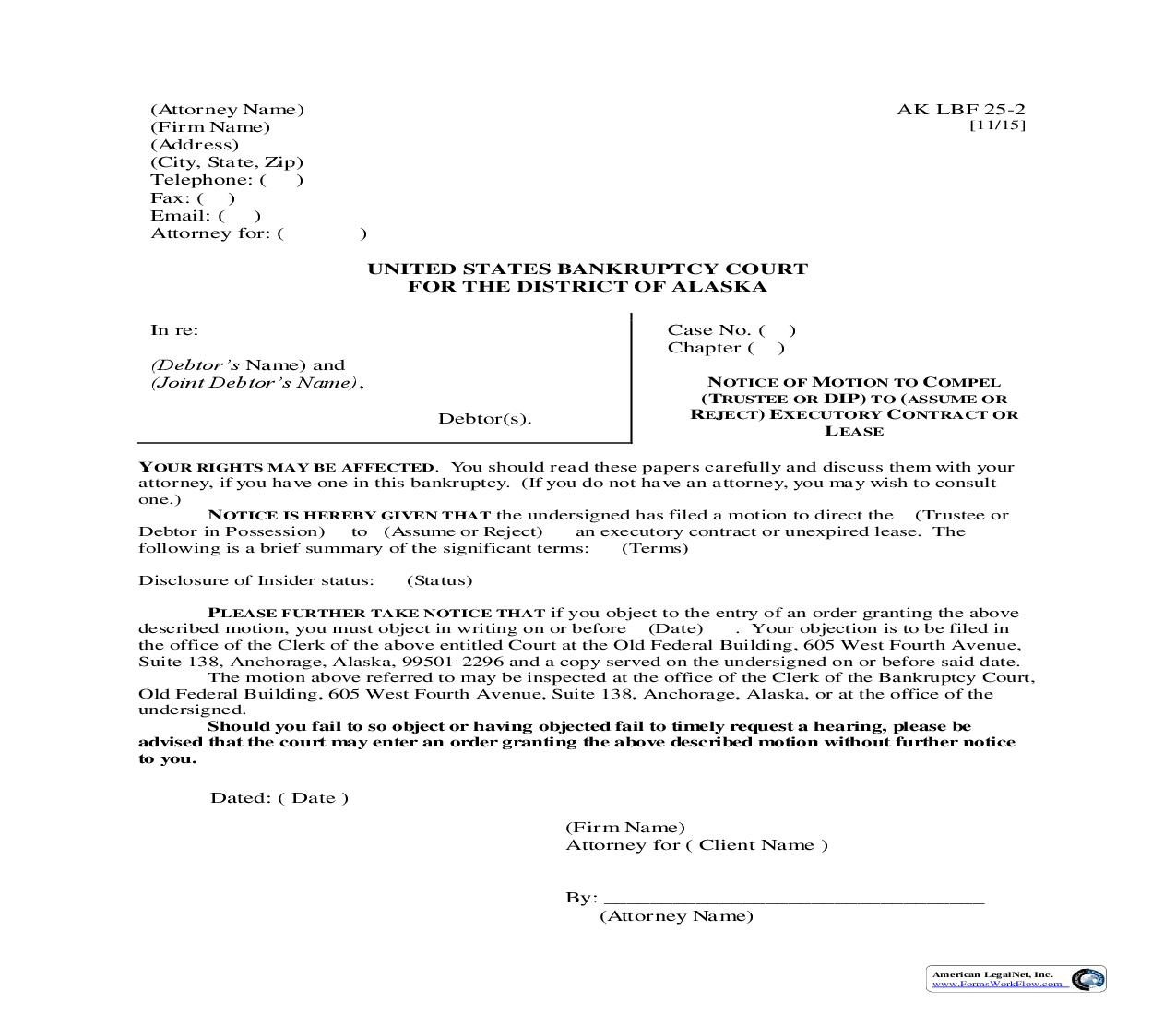 Notice Of Motion To Compel Executory Contract Or Lease {LBF-25-2} | Pdf Fpdf Doc Docx | Alaska
