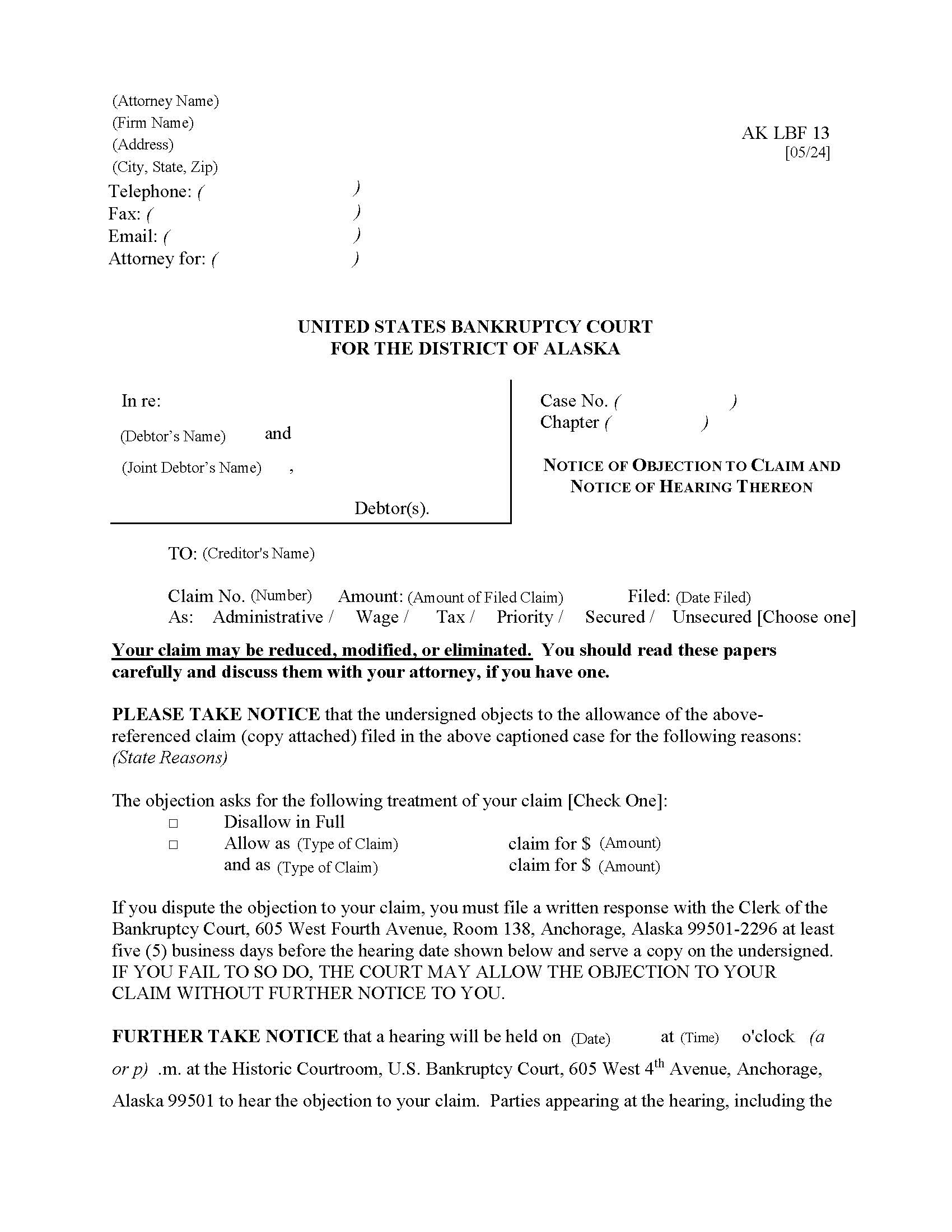 Notice Of Objection To Claim And Notice Of Hearing {LBF-13} | Pdf Fpdf Doc Docx | Alaska