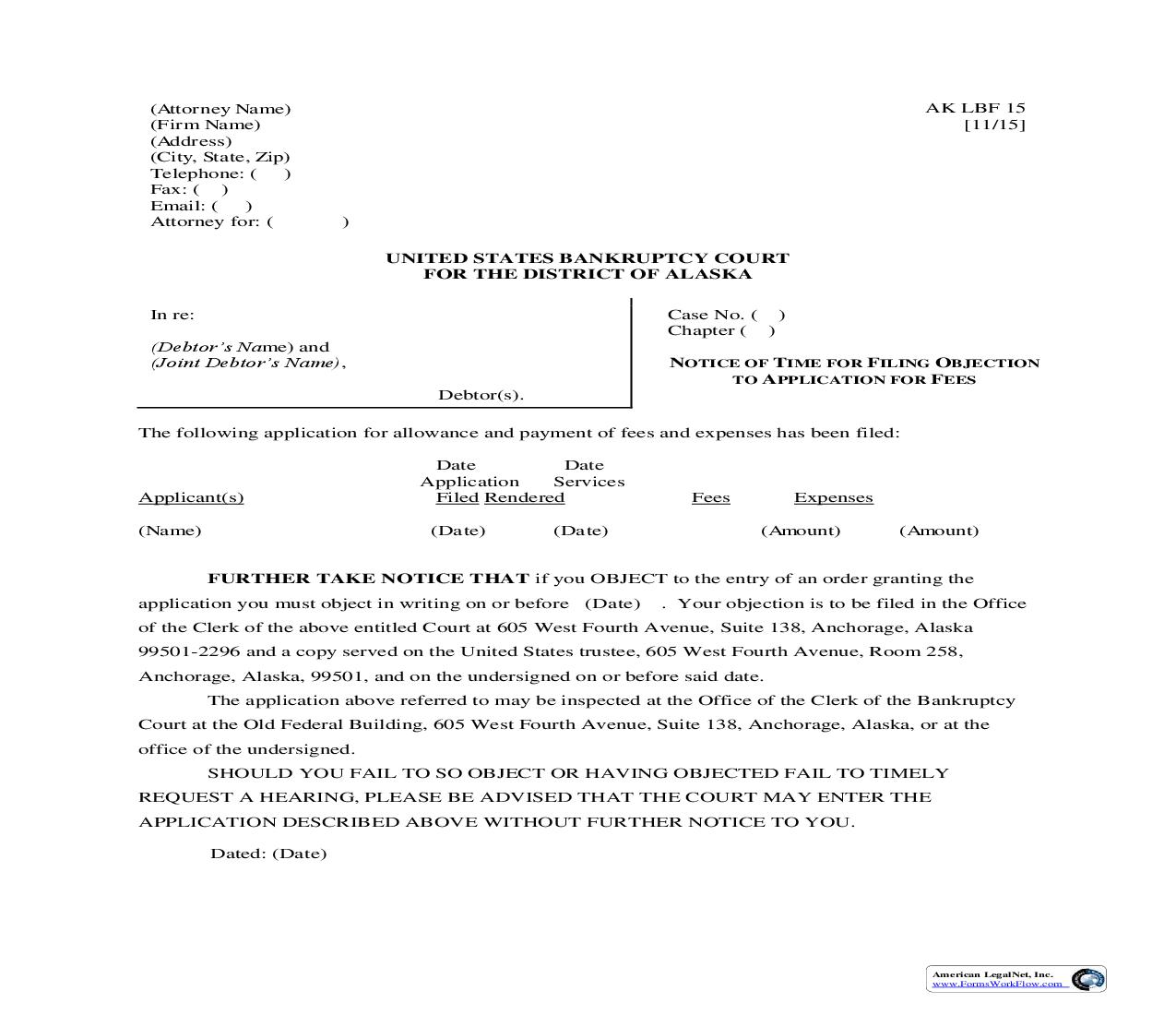 Notice Of Time For Filing Objection To Application For Fees {LBF-15} | Pdf Fpdf Doc Docx | Alaska